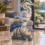 Artwork visualization: Heron marsh — living room focal point, personalized SOPHIA, subject-shaped acrylic with printed optical 3D depth; not carved relief.