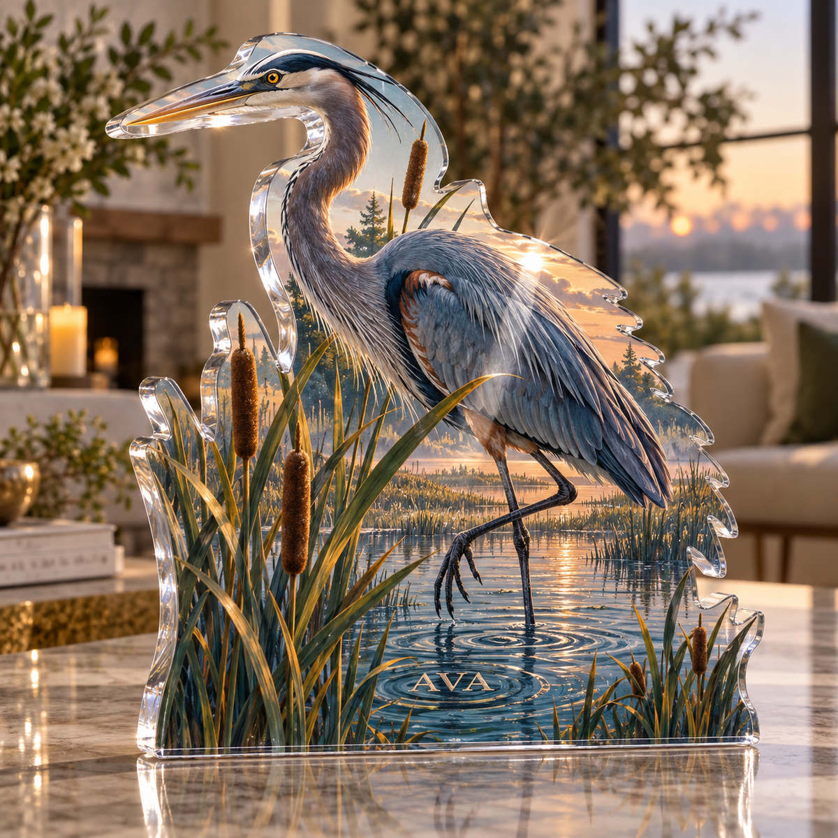 Artwork visualization: Heron marsh — personalized housewarming, personalized AVA, subject-shaped acrylic with printed optical 3D depth; not carved relief.