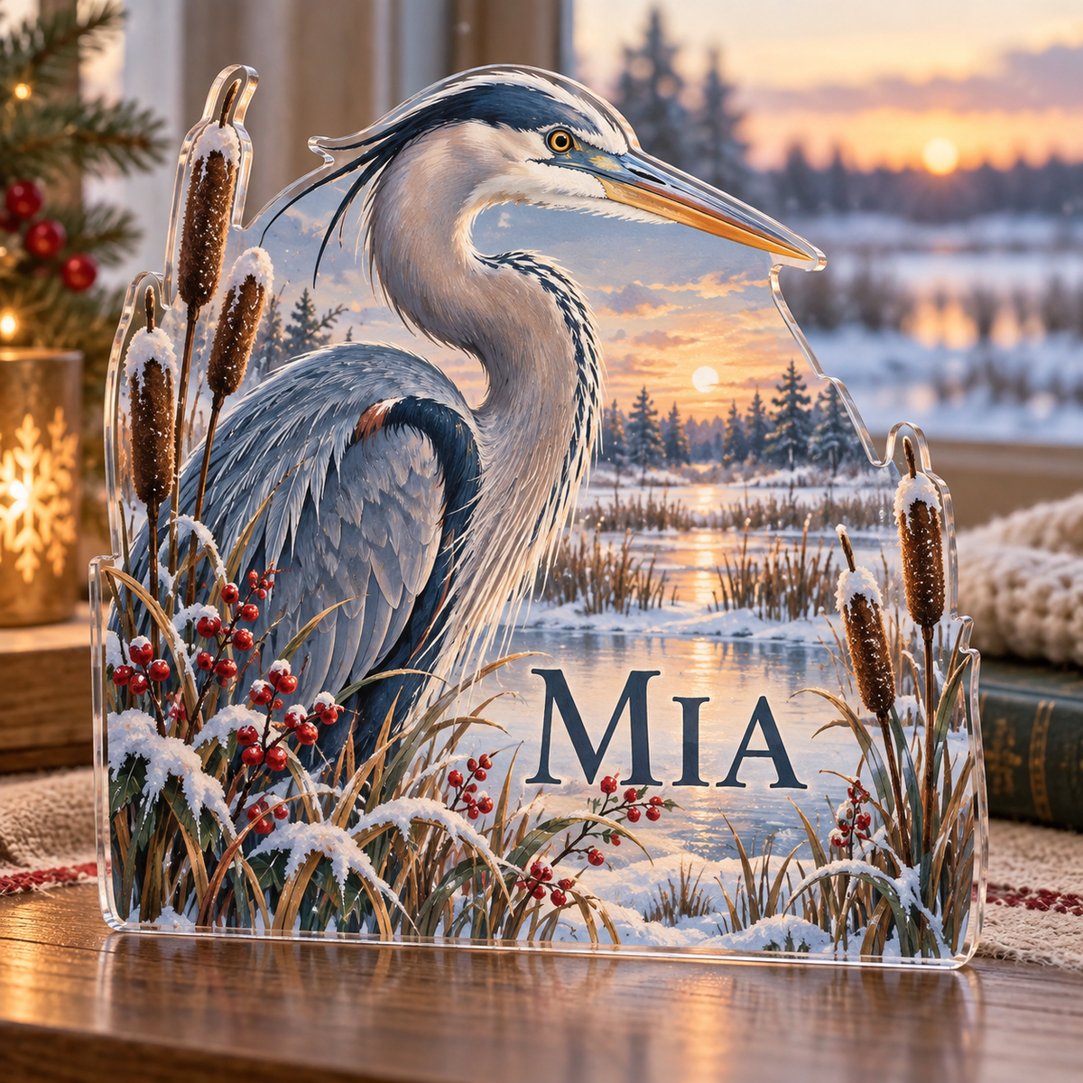 Artwork visualization: Heron marsh — quiet corner decoration, personalized MIA, subject-shaped acrylic with printed optical 3D depth; not carved relief.