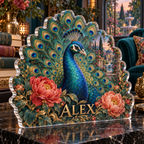 Artwork visualization: Peacock floral fan — reading nook decor, personalized ALEX, subject-shaped acrylic with printed optical 3D depth; not carved relief.