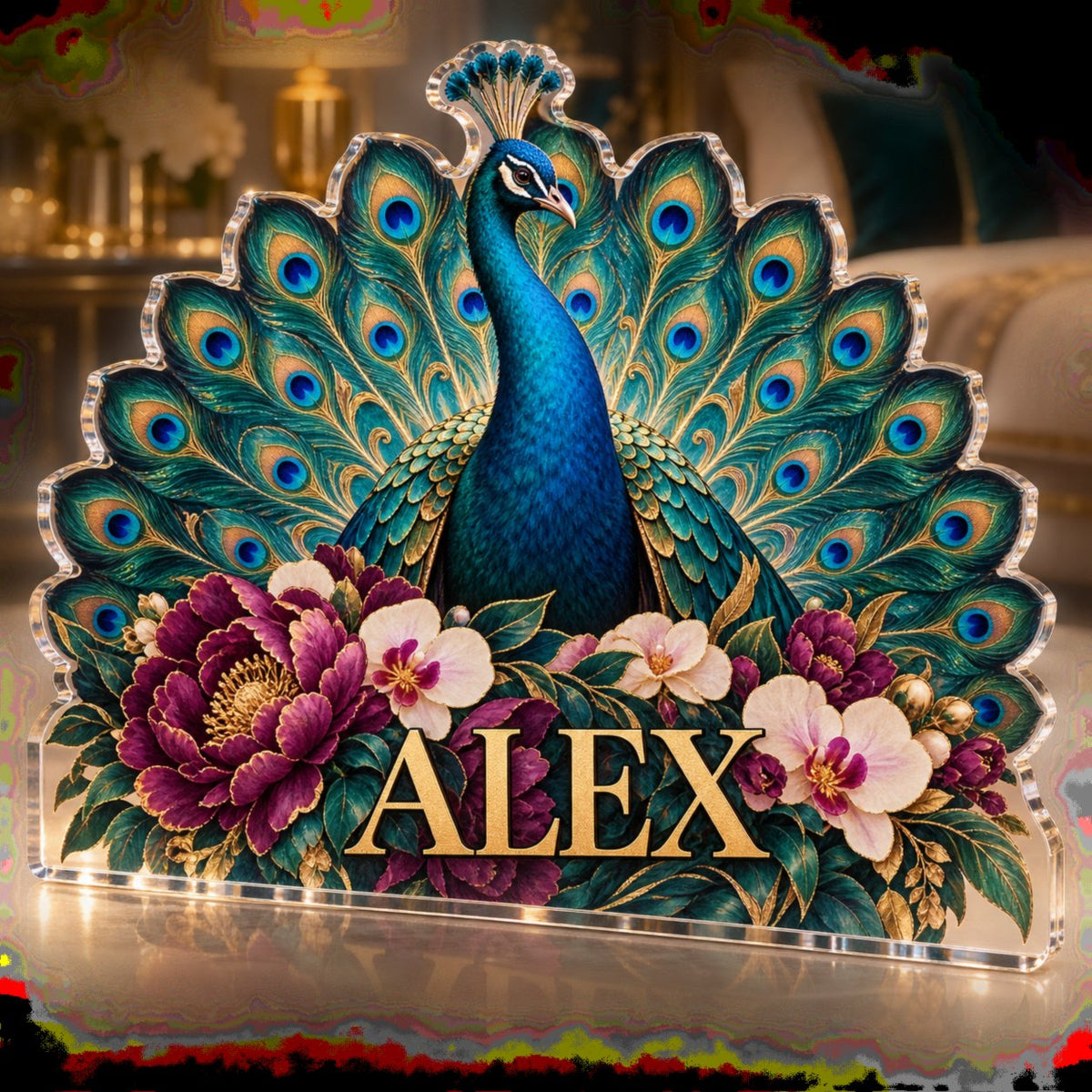 Personalized Peacock Floral Fan Bedroom Statement Decor custom shape acrylic plaque with an example name set into the artwork, digital preview