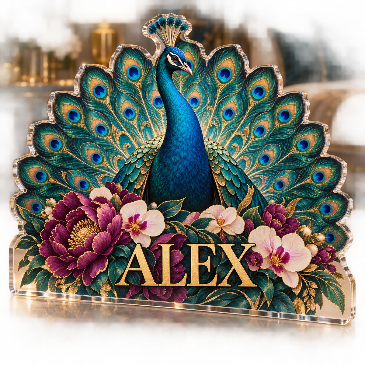 Artwork visualization: Peacock floral fan — bedroom statement decor, personalized ALEX, subject-shaped acrylic with printed optical 3D depth; not carved relief.