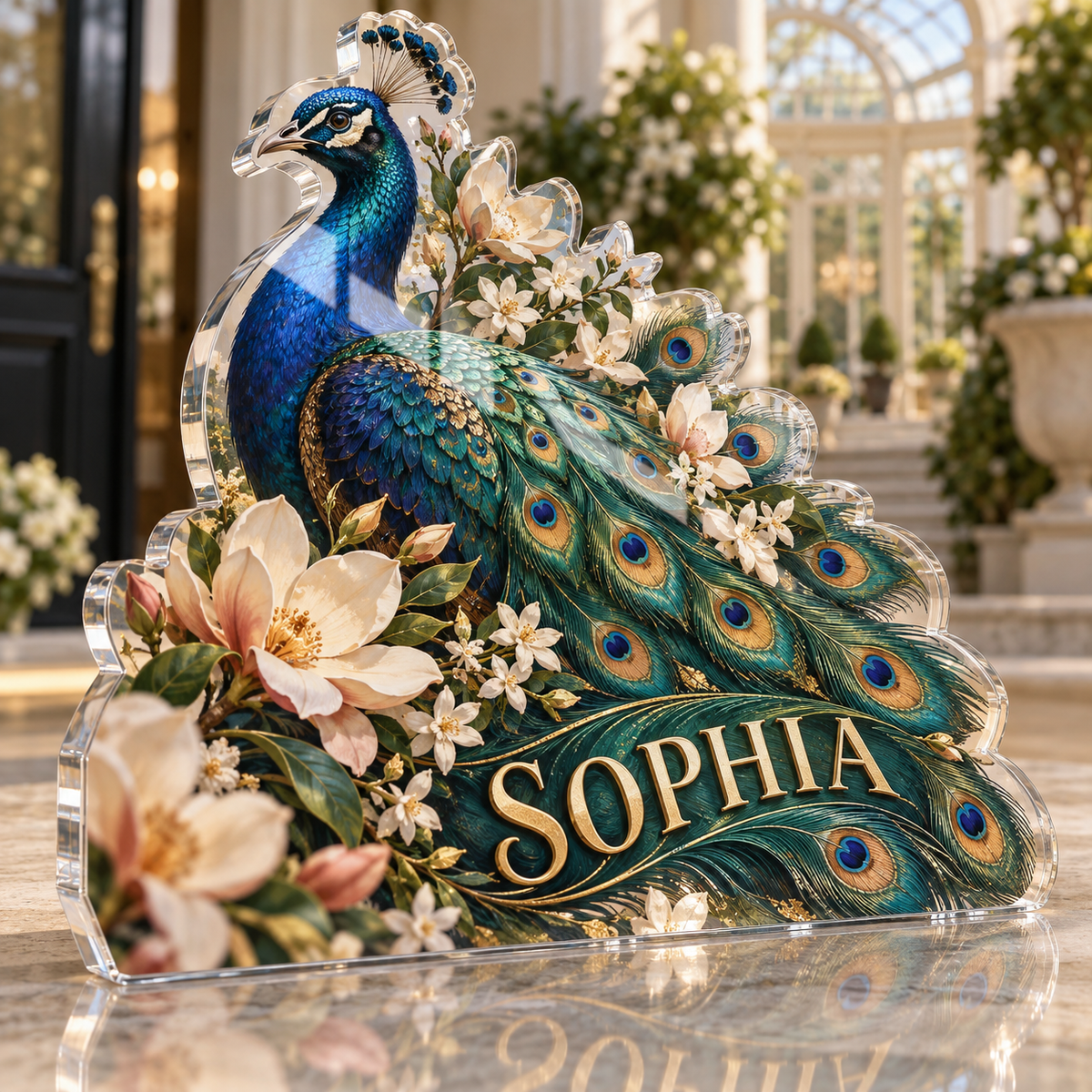 Artwork visualization: Peacock floral fan — personalized housewarming, personalized SOPHIA, subject-shaped acrylic with printed optical 3D depth; not carved relief.