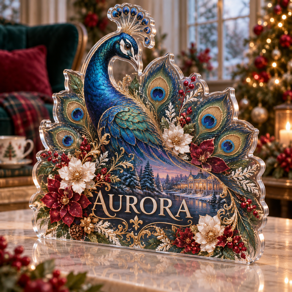 Artwork visualization: Peacock floral fan — quiet corner decoration, personalized AURORA, subject-shaped acrylic with printed optical 3D depth; not carved relief.