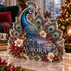 Artwork visualization: Peacock floral fan — quiet corner decoration, personalized AURORA, subject-shaped acrylic with printed optical 3D depth; not carved relief.