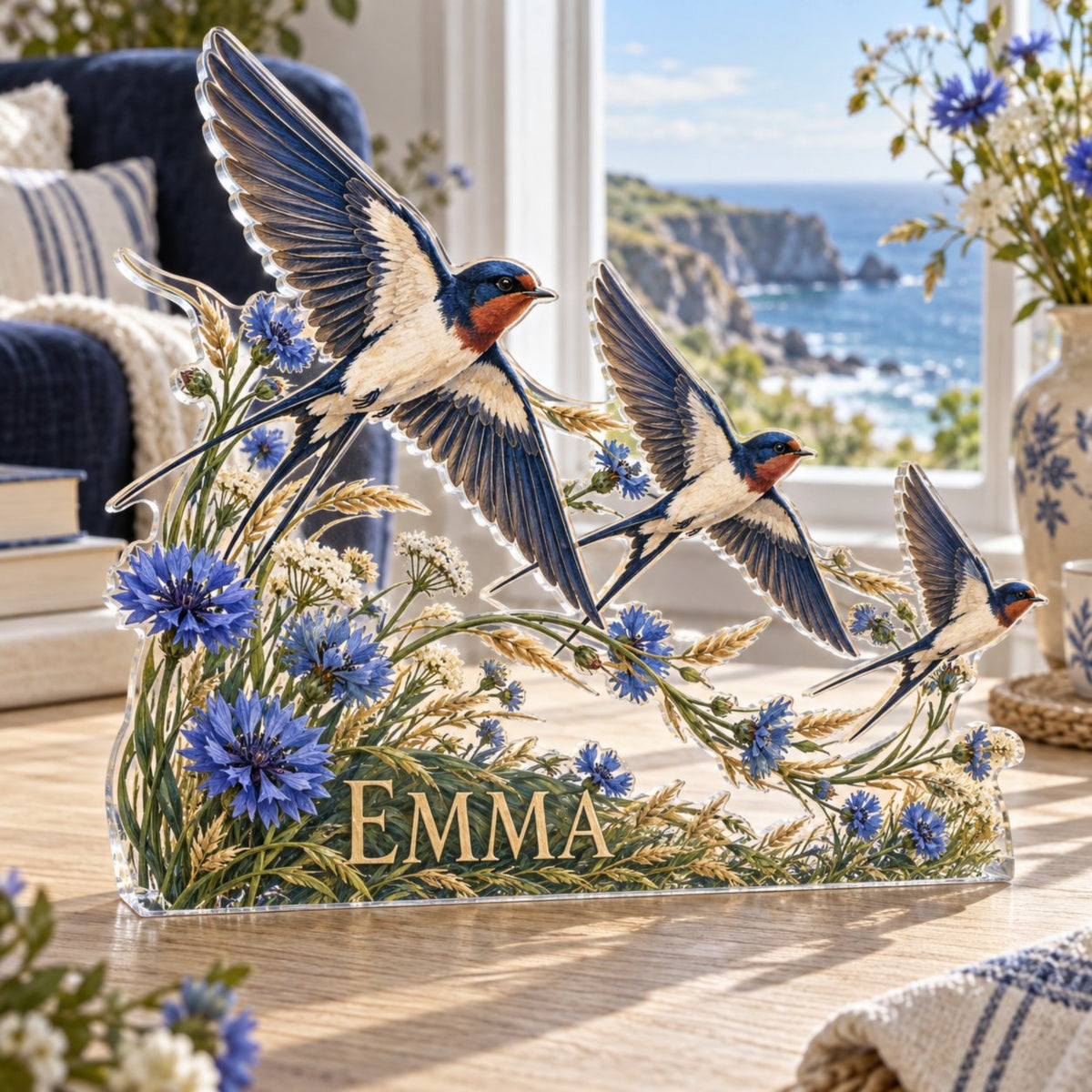 Personalized Swallow Flight Reading Nook Decor custom shape acrylic plaque with an example name set into the artwork, digital preview