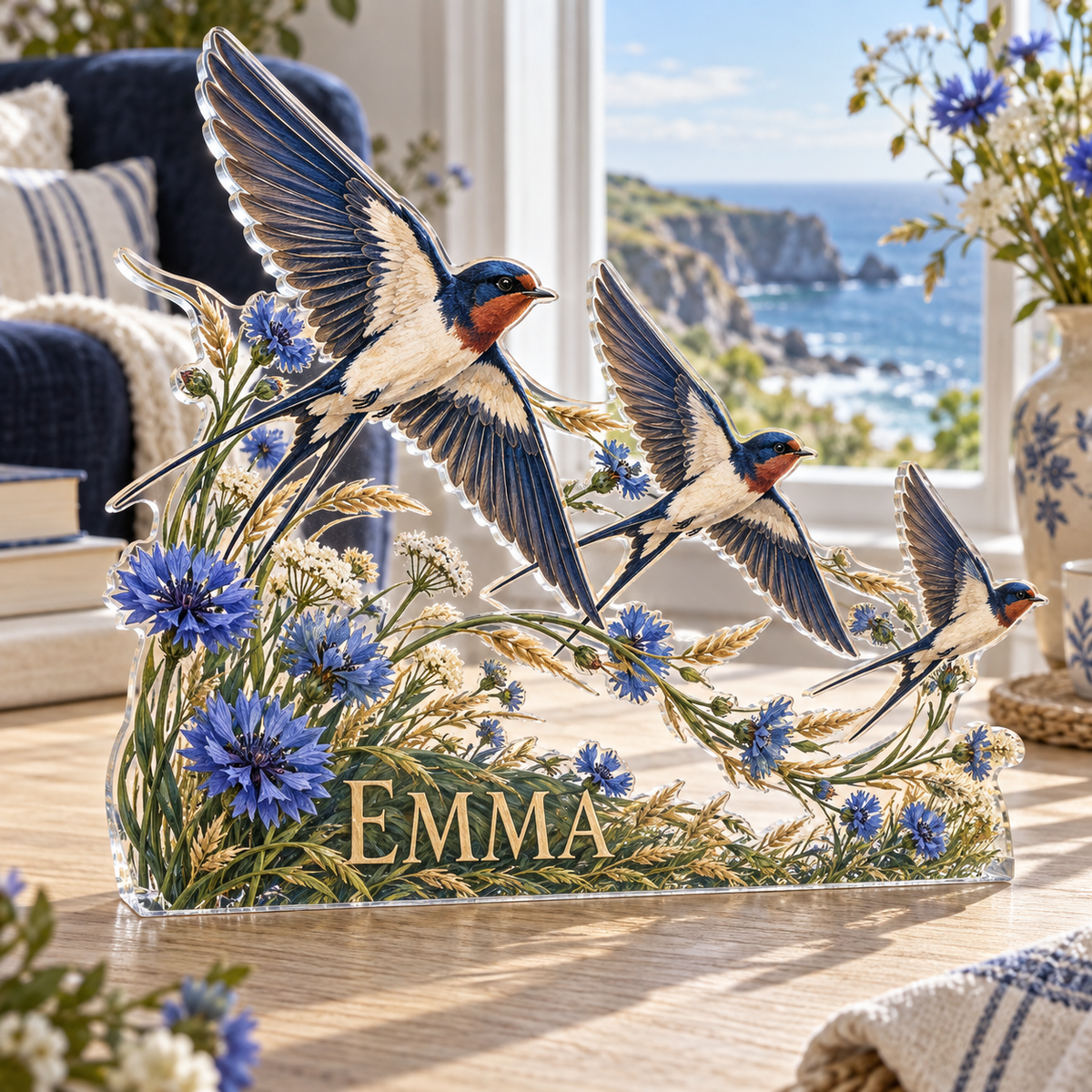 Artwork visualization: Swallow flight — reading nook decor, personalized EMMA, subject-shaped acrylic with printed optical 3D depth; not carved relief.