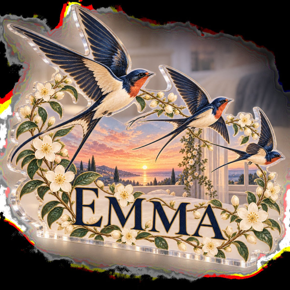 Personalized Swallow Flight Bedroom Statement Decor custom shape acrylic plaque with an example name set into the artwork, digital preview