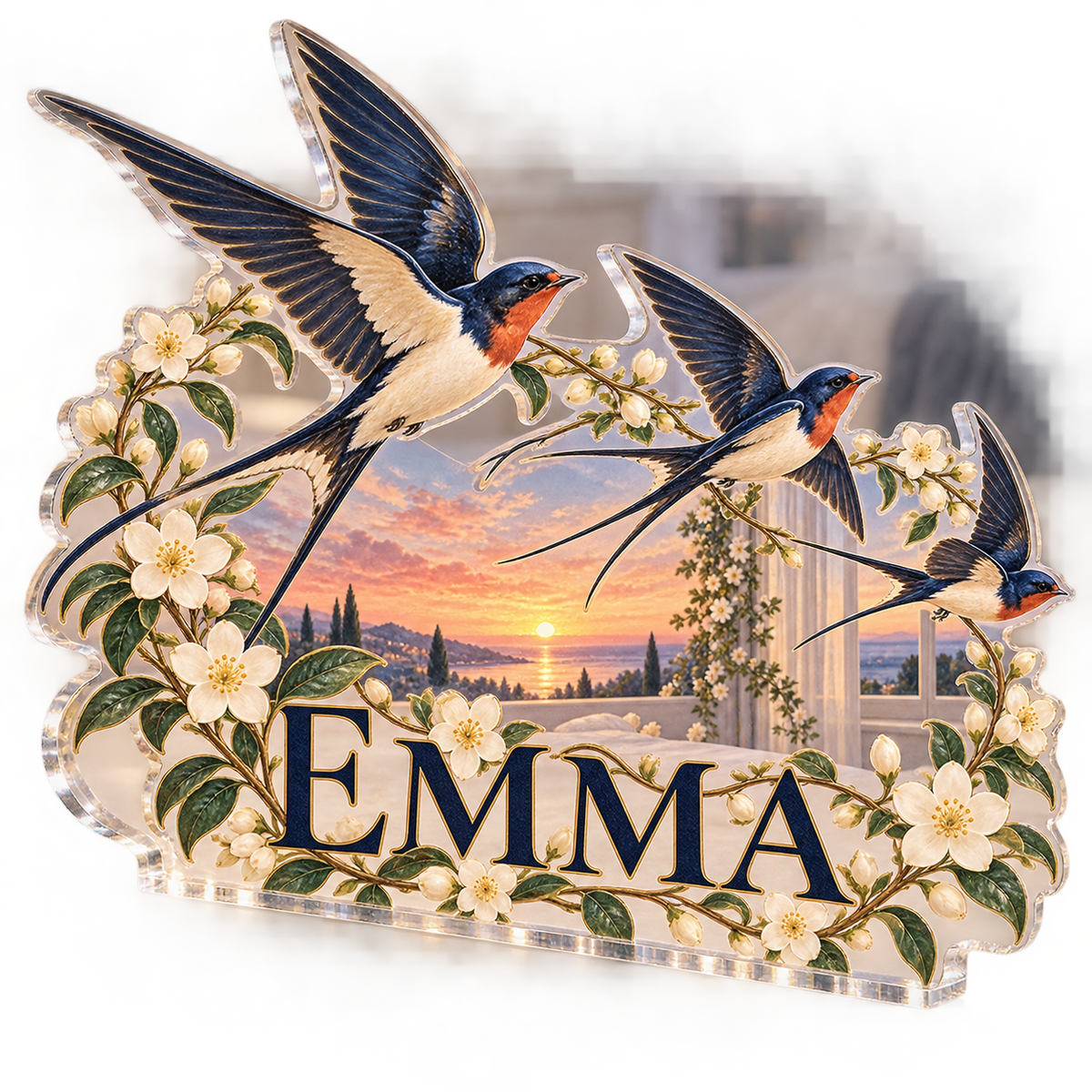 Artwork visualization: Swallow flight — bedroom statement decor, personalized EMMA, subject-shaped acrylic with printed optical 3D depth; not carved relief.