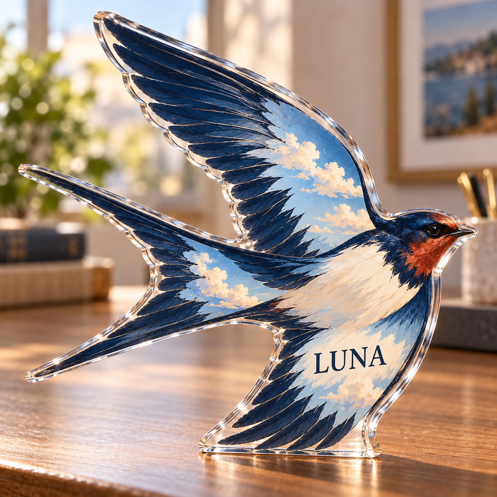 Artwork visualization: Swallow flight — living room focal point, personalized LUNA, subject-shaped acrylic with printed optical 3D depth; not carved relief.
