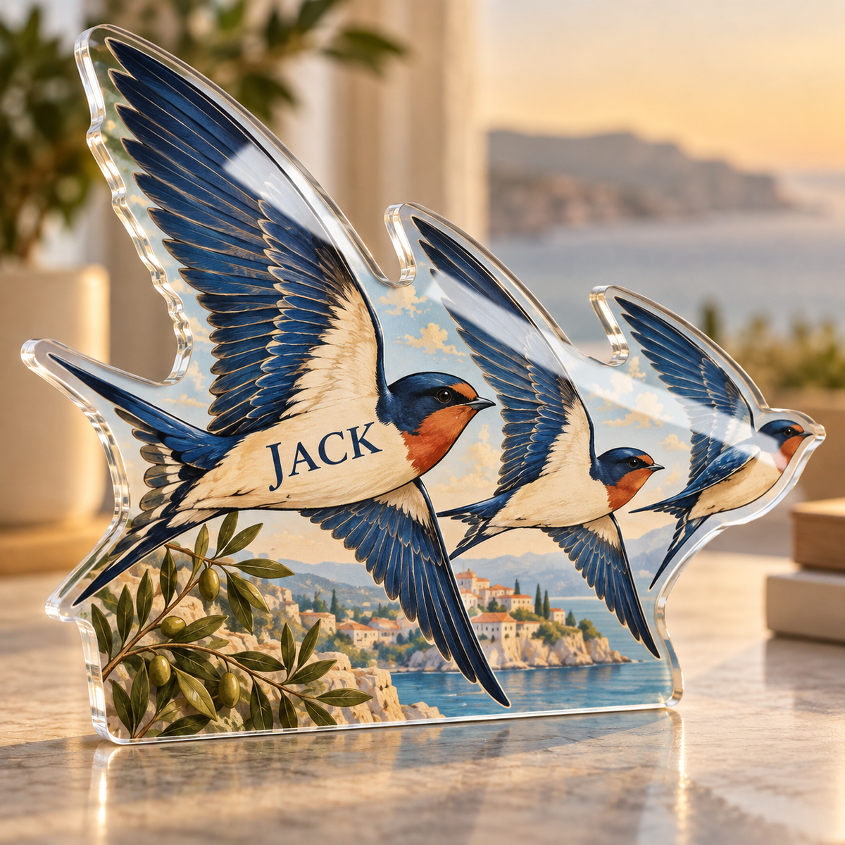 Artwork visualization: Swallow flight — personalized housewarming, personalized JACK, subject-shaped acrylic with printed optical 3D depth; not carved relief.