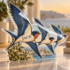 Artwork visualization: Swallow flight — personalized housewarming, personalized JACK, subject-shaped acrylic with printed optical 3D depth; not carved relief.