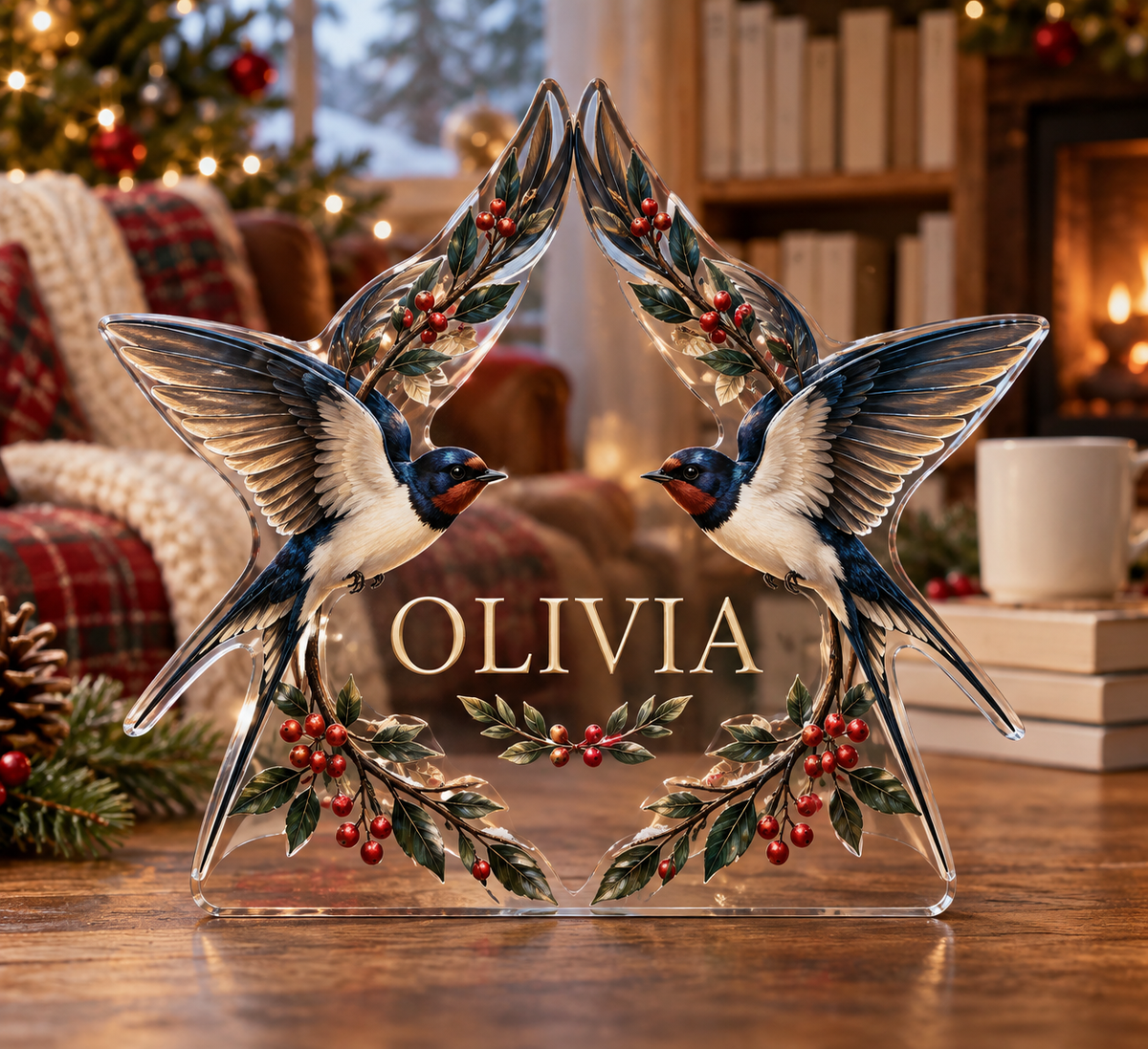 Artwork visualization: Swallow flight — quiet corner decoration, personalized OLIVIA, subject-shaped acrylic with printed optical 3D depth; not carved relief.