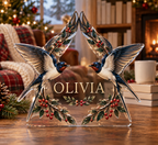 Artwork visualization: Swallow flight — quiet corner decoration, personalized OLIVIA, subject-shaped acrylic with printed optical 3D depth; not carved relief.
