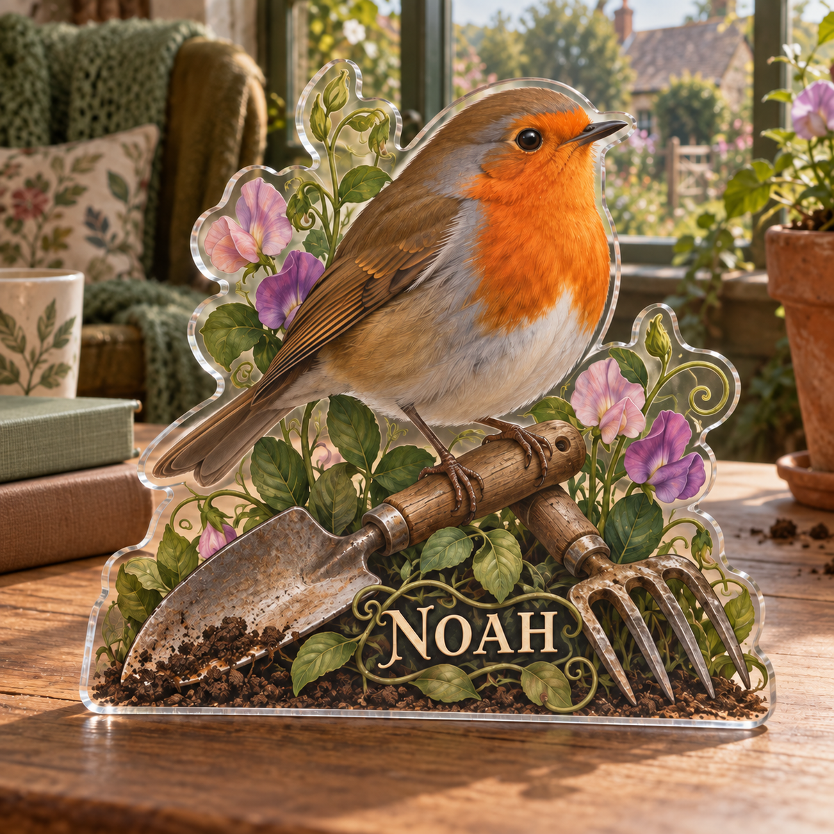 Artwork visualization: Robin garden tools — reading nook decor, personalized NOAH, subject-shaped acrylic with printed optical 3D depth; not carved relief.