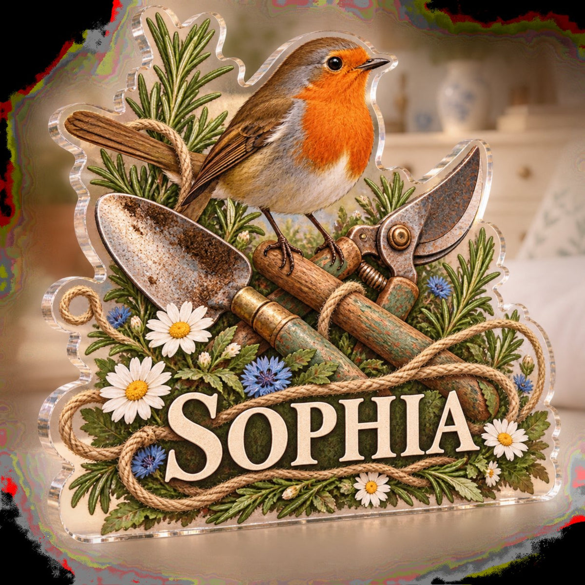 Personalized Robin Garden Tools Bedroom Statement Decor custom shape acrylic plaque with an example name set into the artwork, digital preview