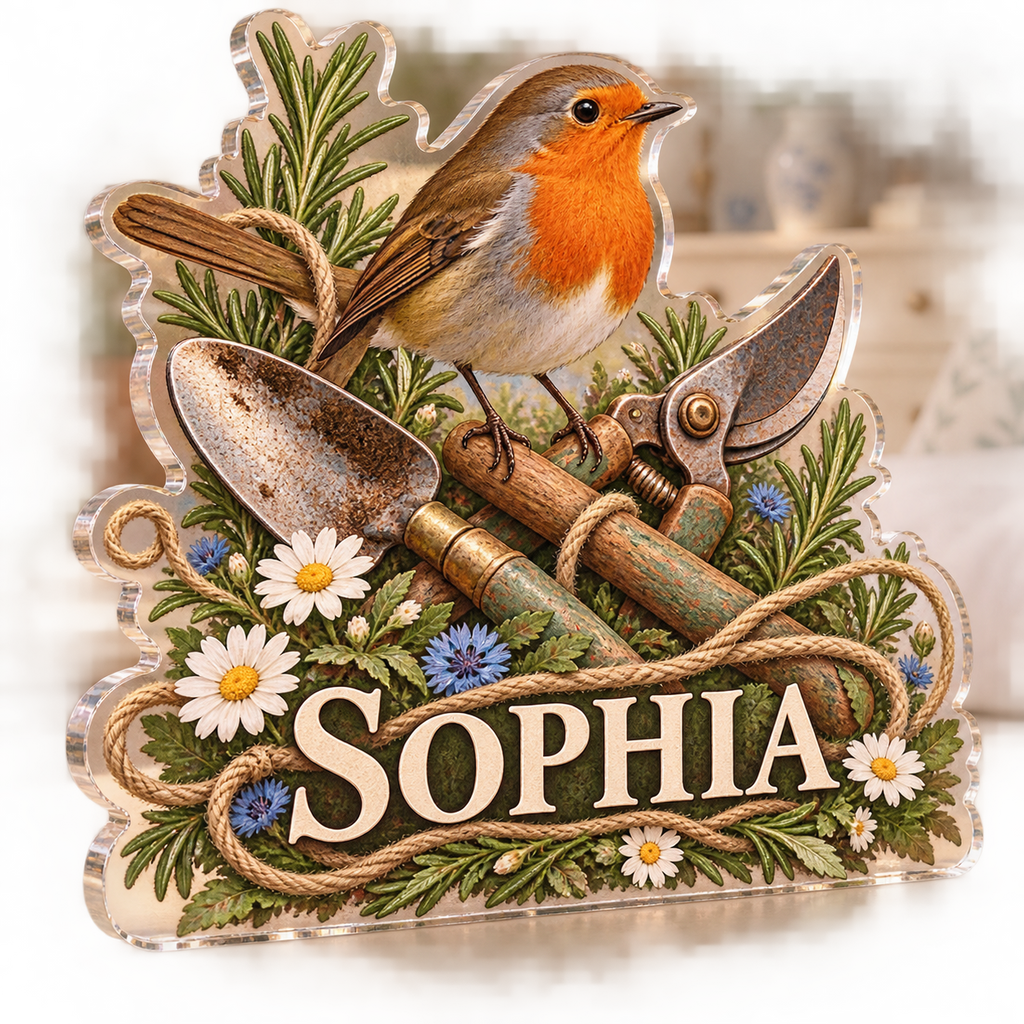 Artwork visualization: Robin garden tools — bedroom statement decor, personalized SOPHIA, subject-shaped acrylic with printed optical 3D depth; not carved relief.