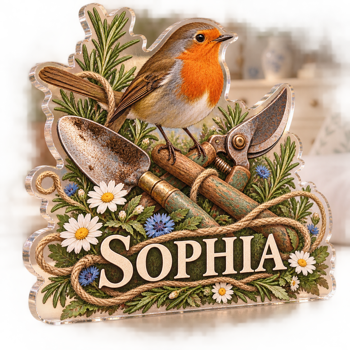 Artwork visualization: Robin garden tools — bedroom statement decor, personalized SOPHIA, subject-shaped acrylic with printed optical 3D depth; not carved relief.