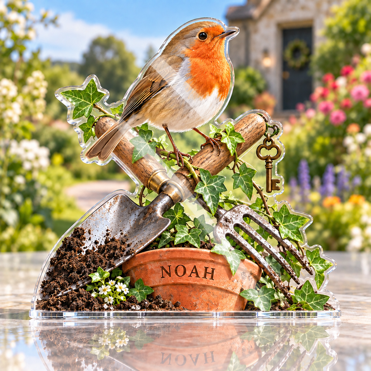 Artwork visualization: Robin garden tools — personalized housewarming, personalized NOAH, subject-shaped acrylic with printed optical 3D depth; not carved relief.