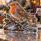 Artwork visualization: Robin garden tools — quiet corner decoration, personalized AVA, subject-shaped acrylic with printed optical 3D depth; not carved relief.