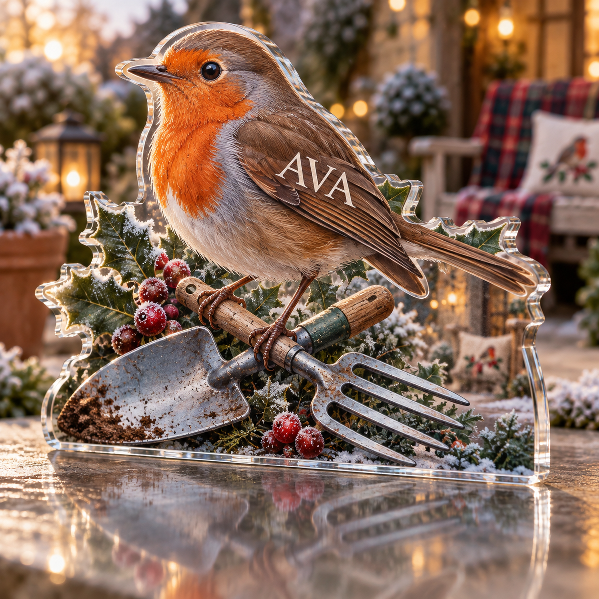 Artwork visualization: Robin garden tools — quiet corner decoration, personalized AVA, subject-shaped acrylic with printed optical 3D depth; not carved relief.