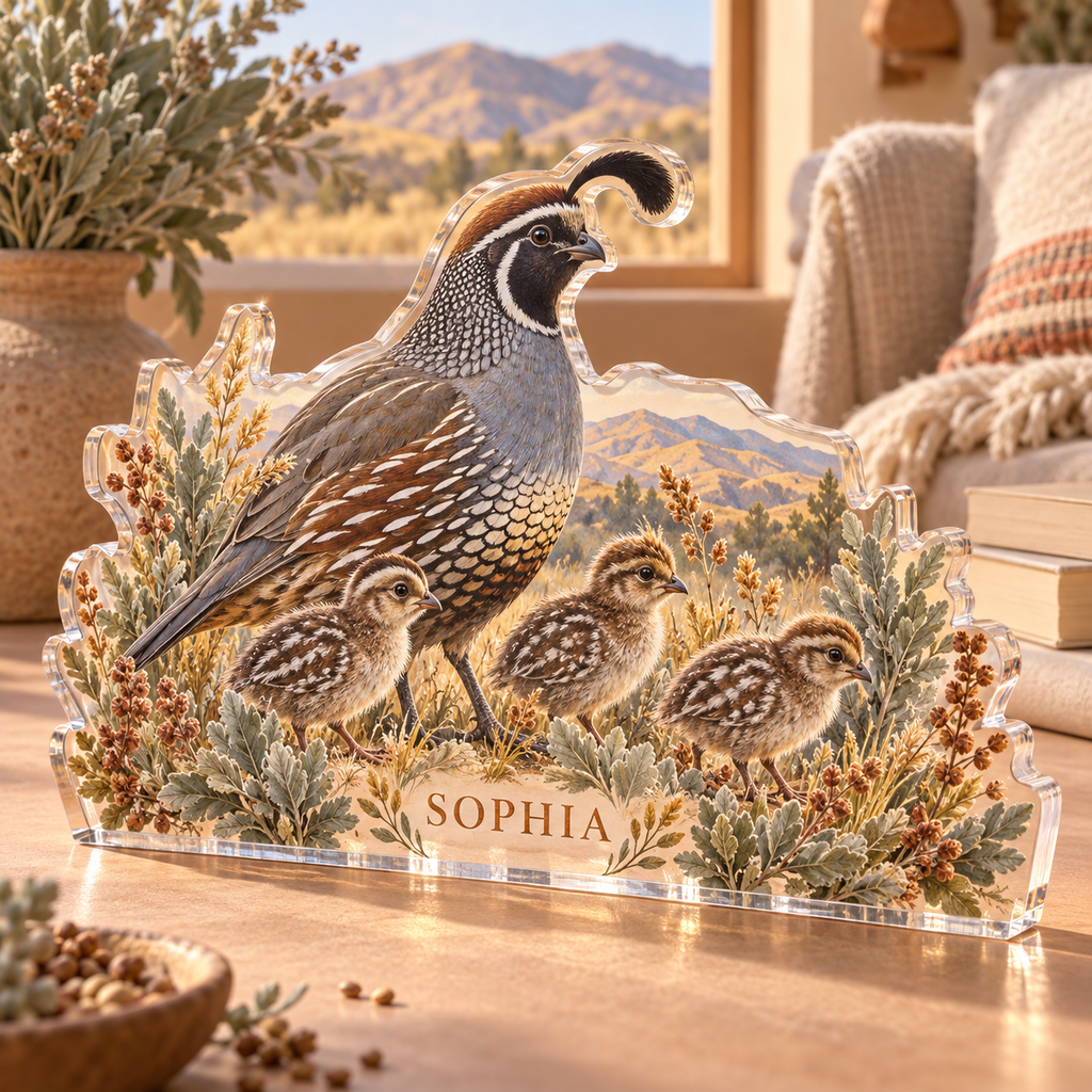 Artwork visualization: Quail family — reading nook decor, personalized SOPHIA, subject-shaped acrylic with printed optical 3D depth; not carved relief.
