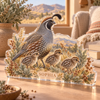 Artwork visualization: Quail family — reading nook decor, personalized SOPHIA, subject-shaped acrylic with printed optical 3D depth; not carved relief.