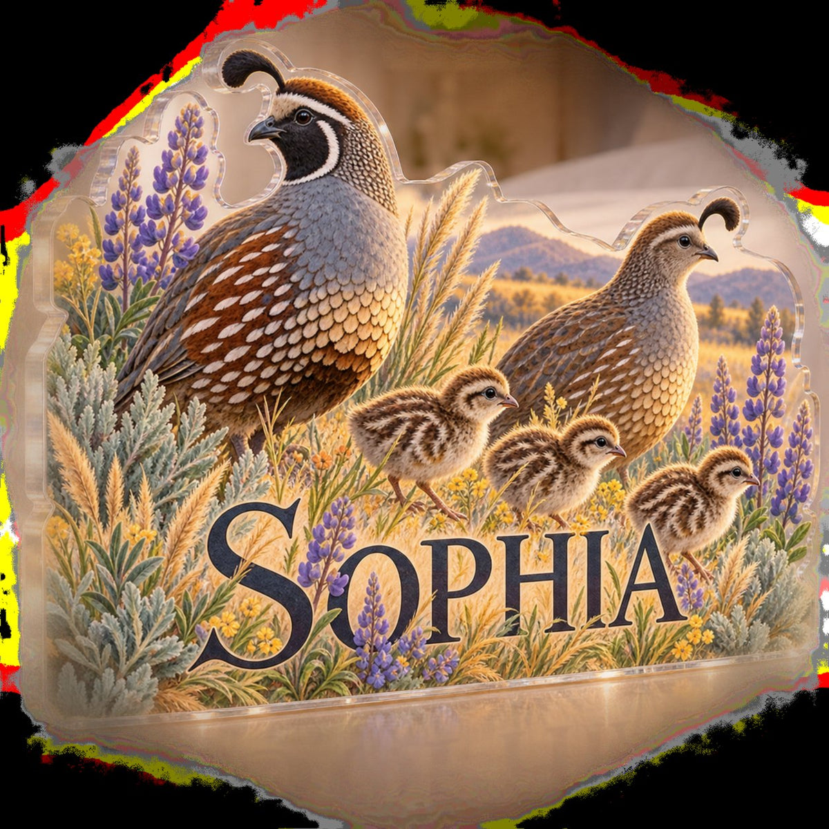 Personalized Quail Family Bedroom Statement Decor custom shape acrylic plaque with an example name set into the artwork, digital preview