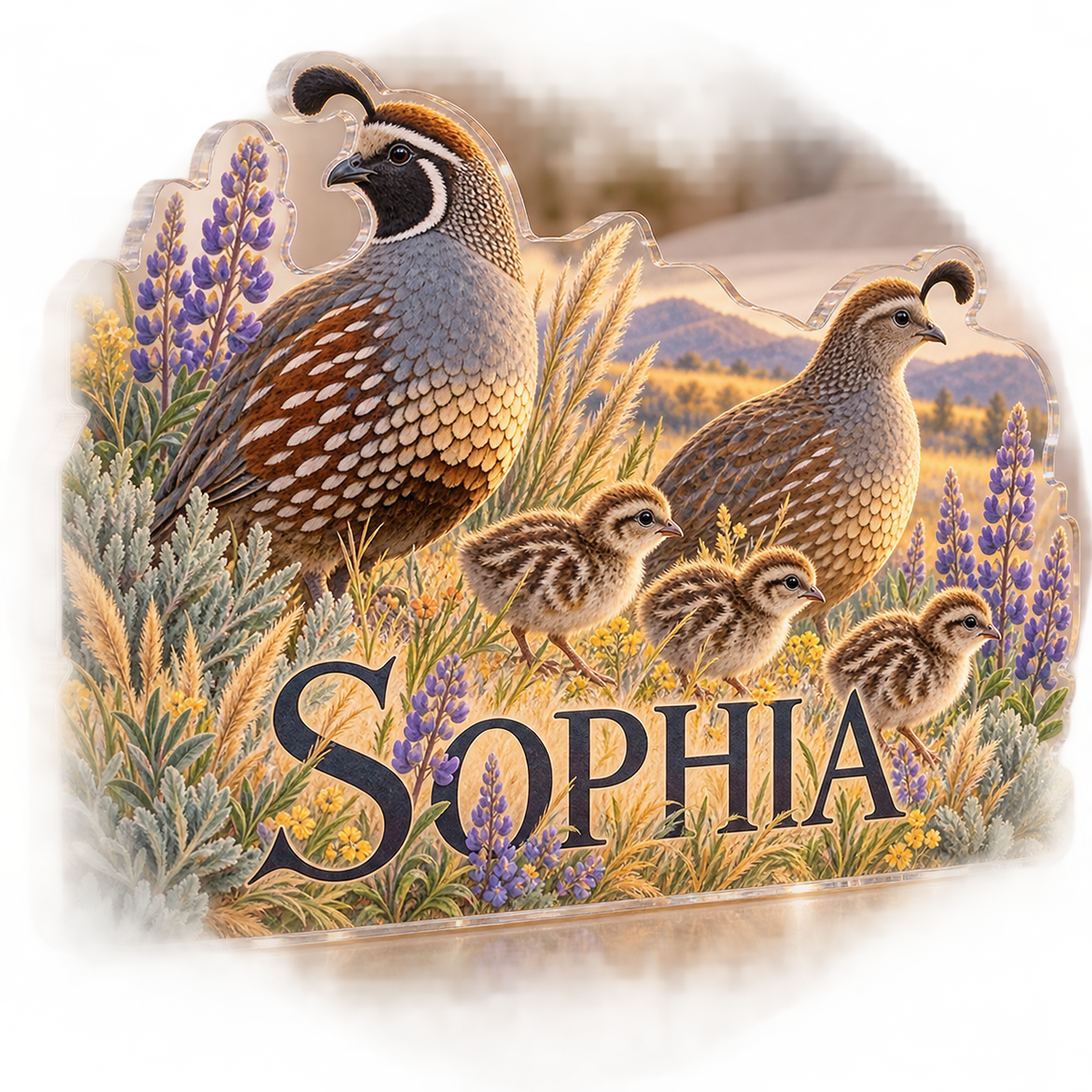 Artwork visualization: Quail family — bedroom statement decor, personalized SOPHIA, subject-shaped acrylic with printed optical 3D depth; not carved relief.