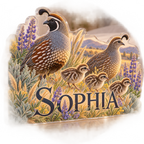 Artwork visualization: Quail family — bedroom statement decor, personalized SOPHIA, subject-shaped acrylic with printed optical 3D depth; not carved relief.