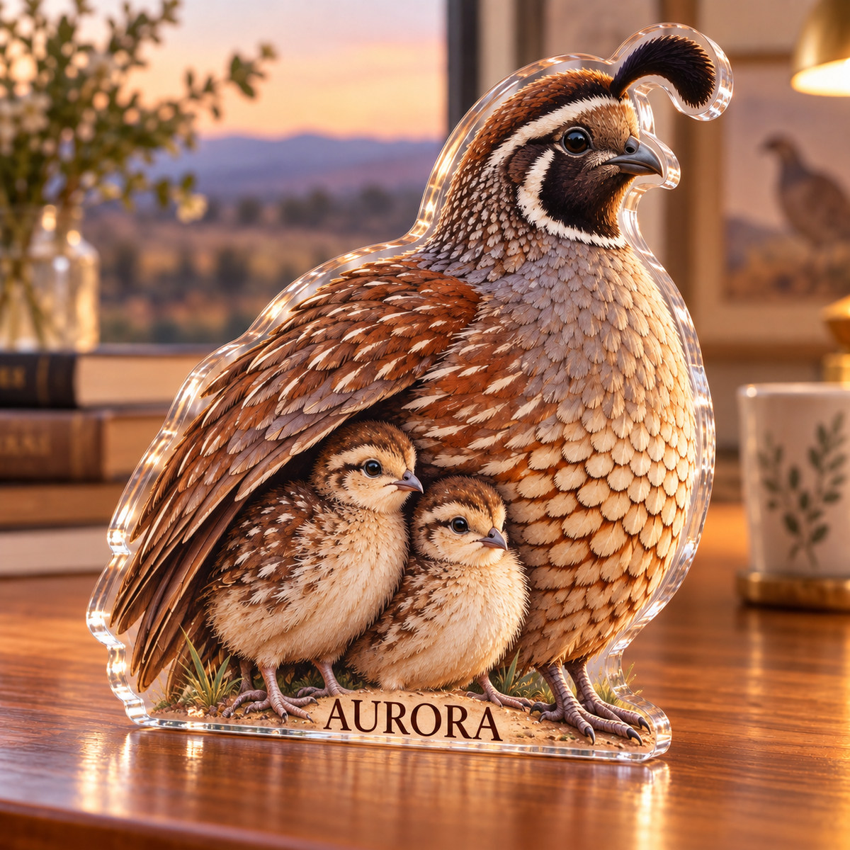 Artwork visualization: Quail family — living room focal point, personalized AURORA, subject-shaped acrylic with printed optical 3D depth; not carved relief.