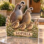 Artwork visualization: Quail family — personalized housewarming, personalized SOPHIA, subject-shaped acrylic with printed optical 3D depth; not carved relief.