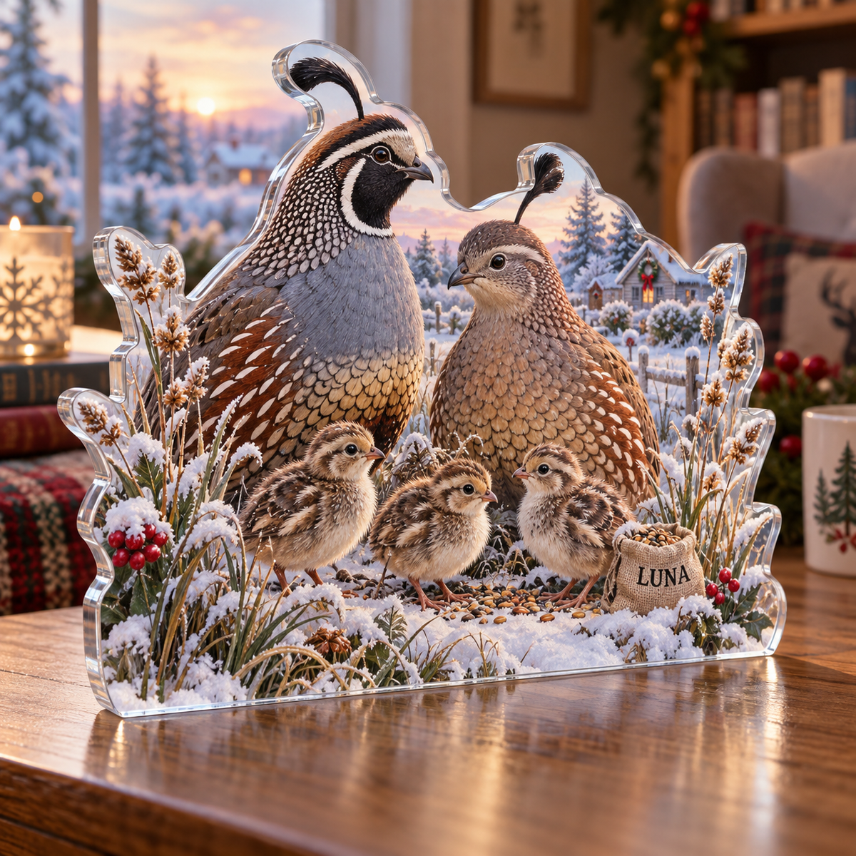 Artwork visualization: Quail family — quiet corner decoration, personalized LUNA, subject-shaped acrylic with printed optical 3D depth; not carved relief.