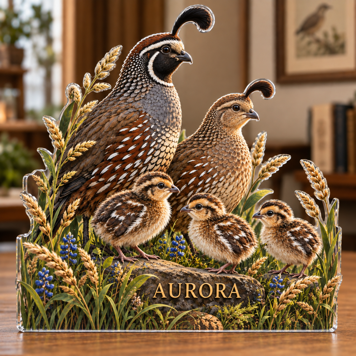 Artwork visualization: Quail family — collector birthday keepsake, personalized AURORA, subject-shaped acrylic with printed optical 3D depth; not carved relief.