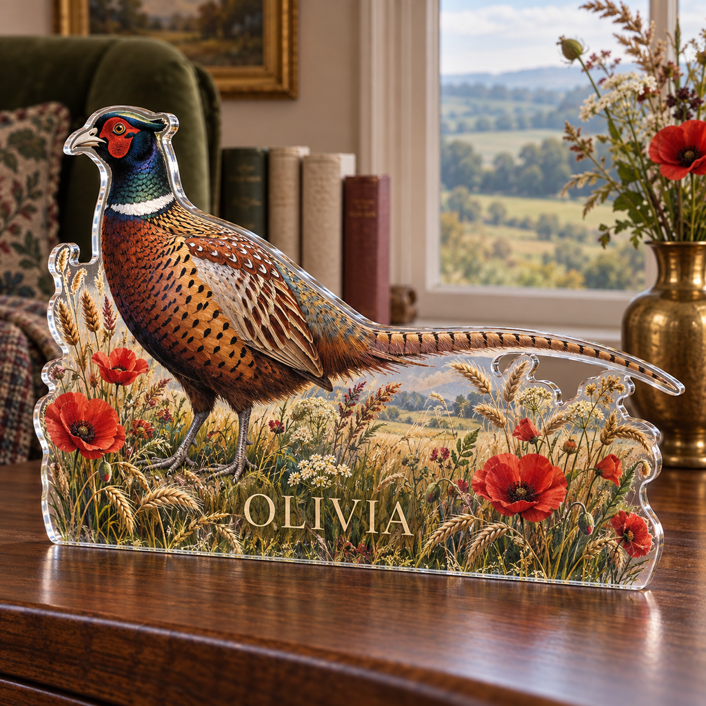 Artwork visualization: Pheasant meadow — reading nook decor, personalized OLIVIA, subject-shaped acrylic with printed optical 3D depth; not carved relief.