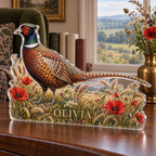 Artwork visualization: Pheasant meadow — reading nook decor, personalized OLIVIA, subject-shaped acrylic with printed optical 3D depth; not carved relief.
