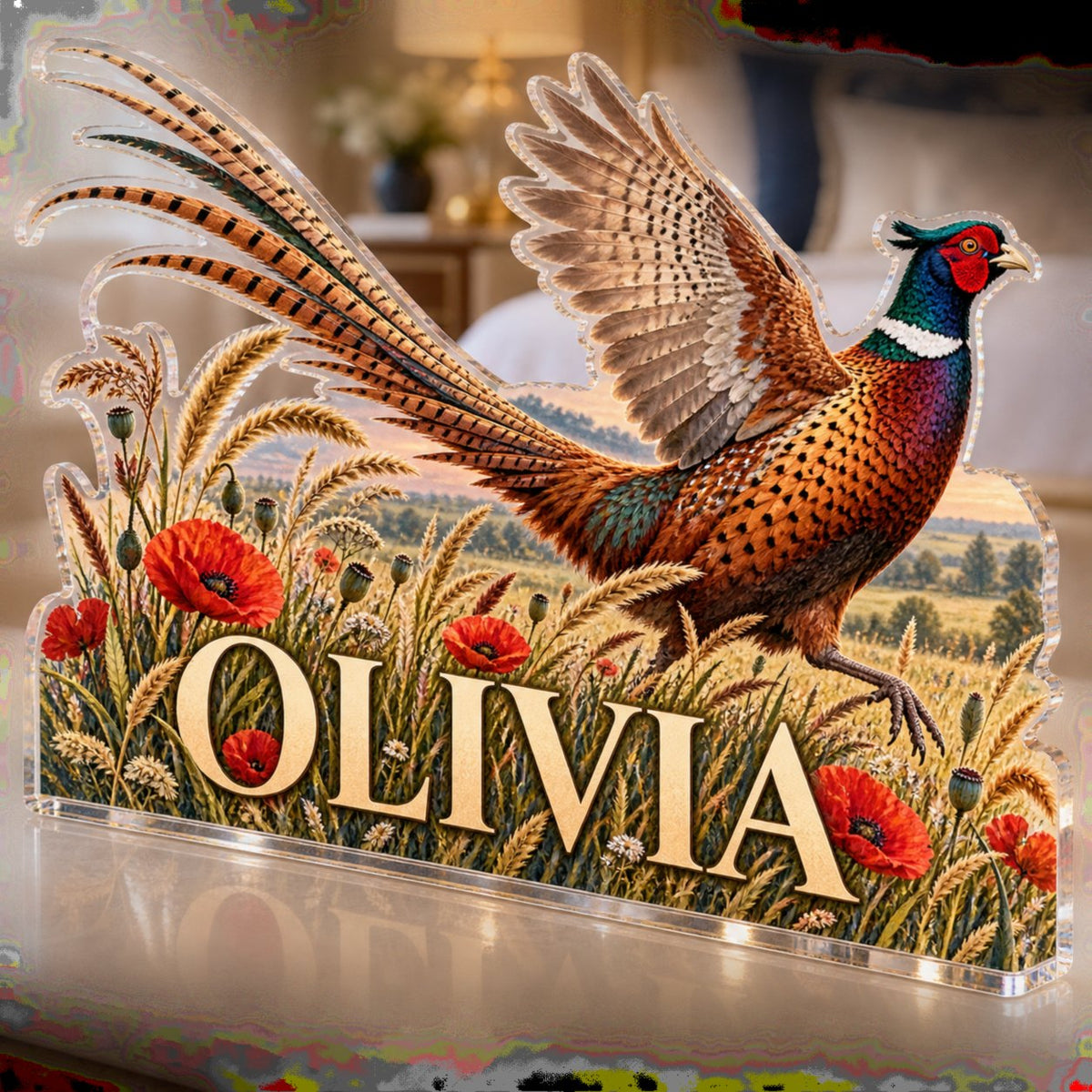 Personalized Pheasant Meadow Bedroom Statement Decor custom shape acrylic plaque with an example name set into the artwork, digital preview