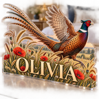 Artwork visualization: Pheasant meadow — bedroom statement decor, personalized OLIVIA, subject-shaped acrylic with printed optical 3D depth; not carved relief.