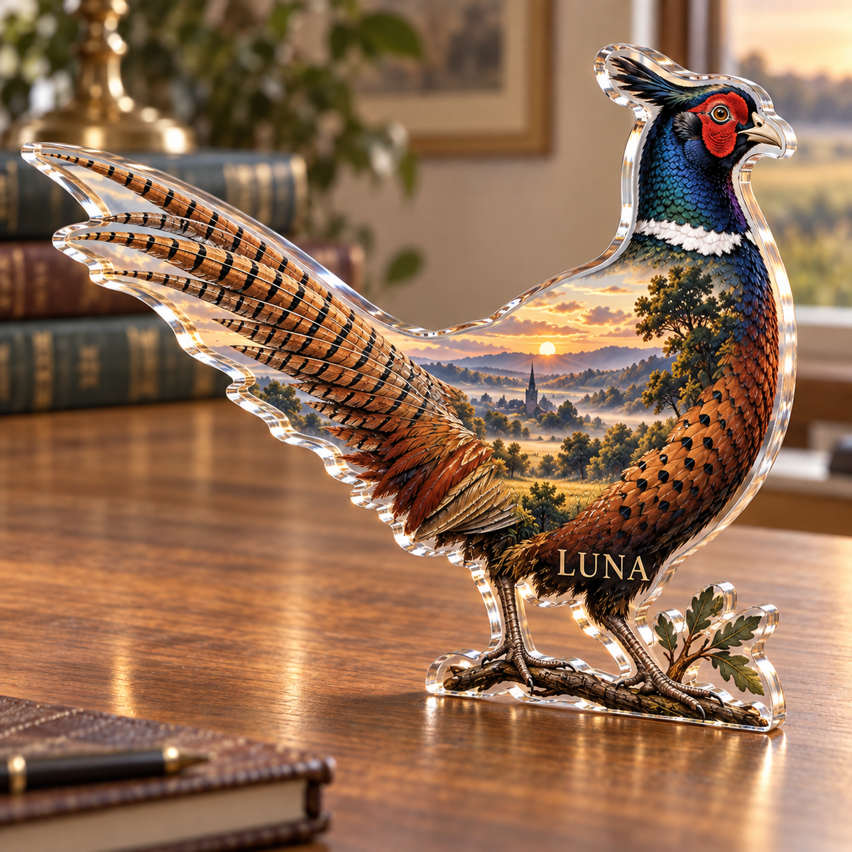 Artwork visualization: Pheasant meadow — living room focal point, personalized LUNA, subject-shaped acrylic with printed optical 3D depth; not carved relief.