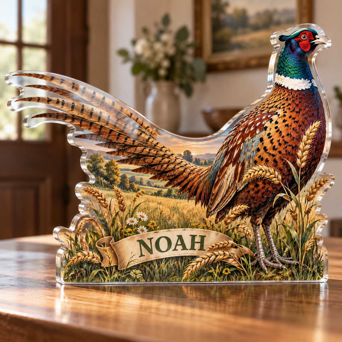 Artwork visualization: Pheasant meadow — personalized housewarming, personalized NOAH, subject-shaped acrylic with printed optical 3D depth; not carved relief.