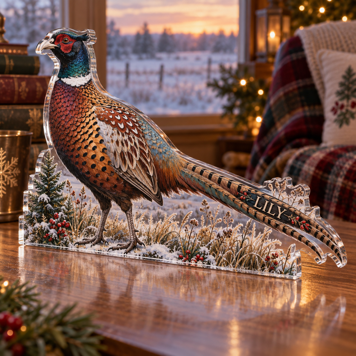 Artwork visualization: Pheasant meadow — quiet corner decoration, personalized LILY, subject-shaped acrylic with printed optical 3D depth; not carved relief.
