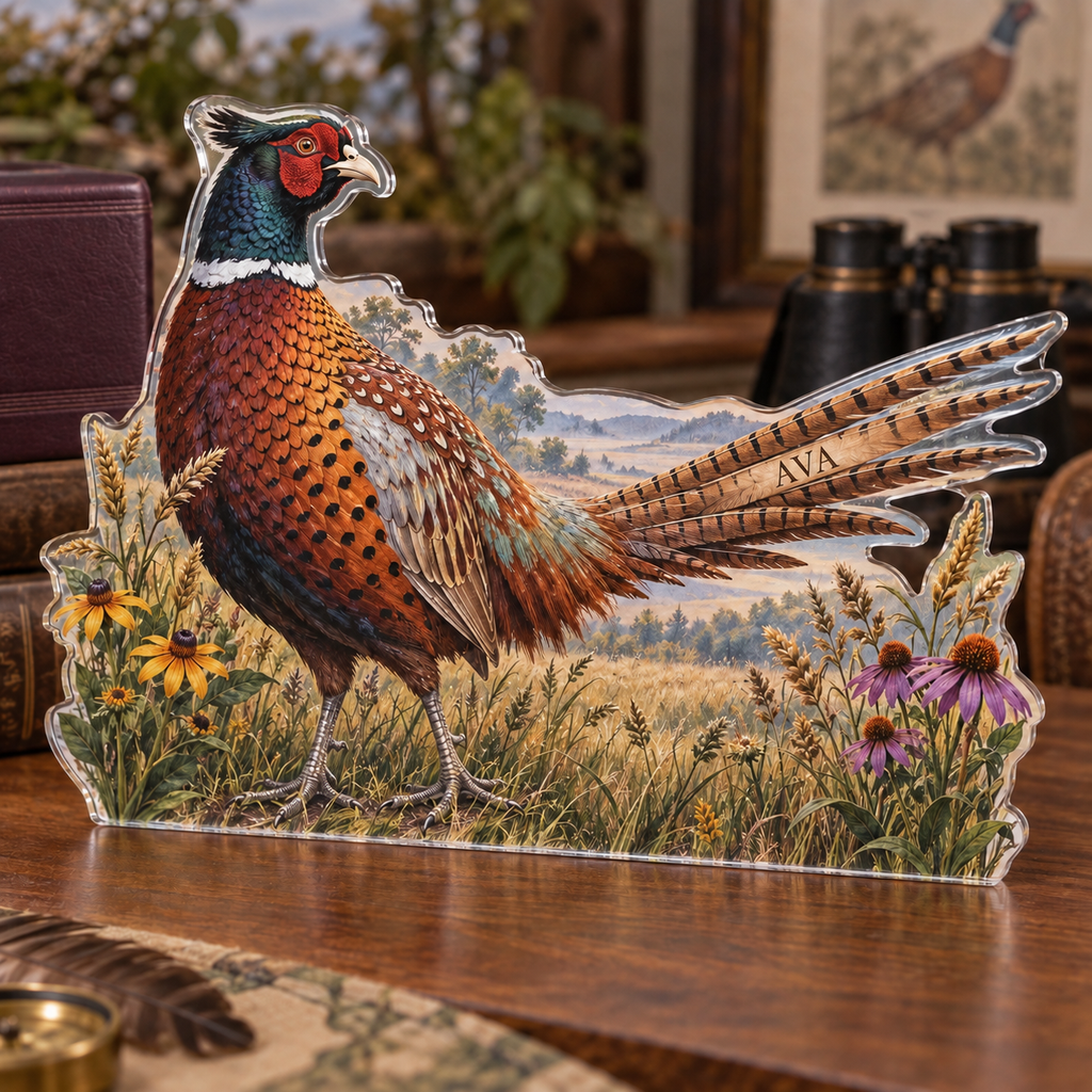 Artwork visualization: Pheasant meadow — collector birthday keepsake, personalized AVA, subject-shaped acrylic with printed optical 3D depth; not carved relief.