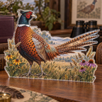 Artwork visualization: Pheasant meadow — collector birthday keepsake, personalized AVA, subject-shaped acrylic with printed optical 3D depth; not carved relief.