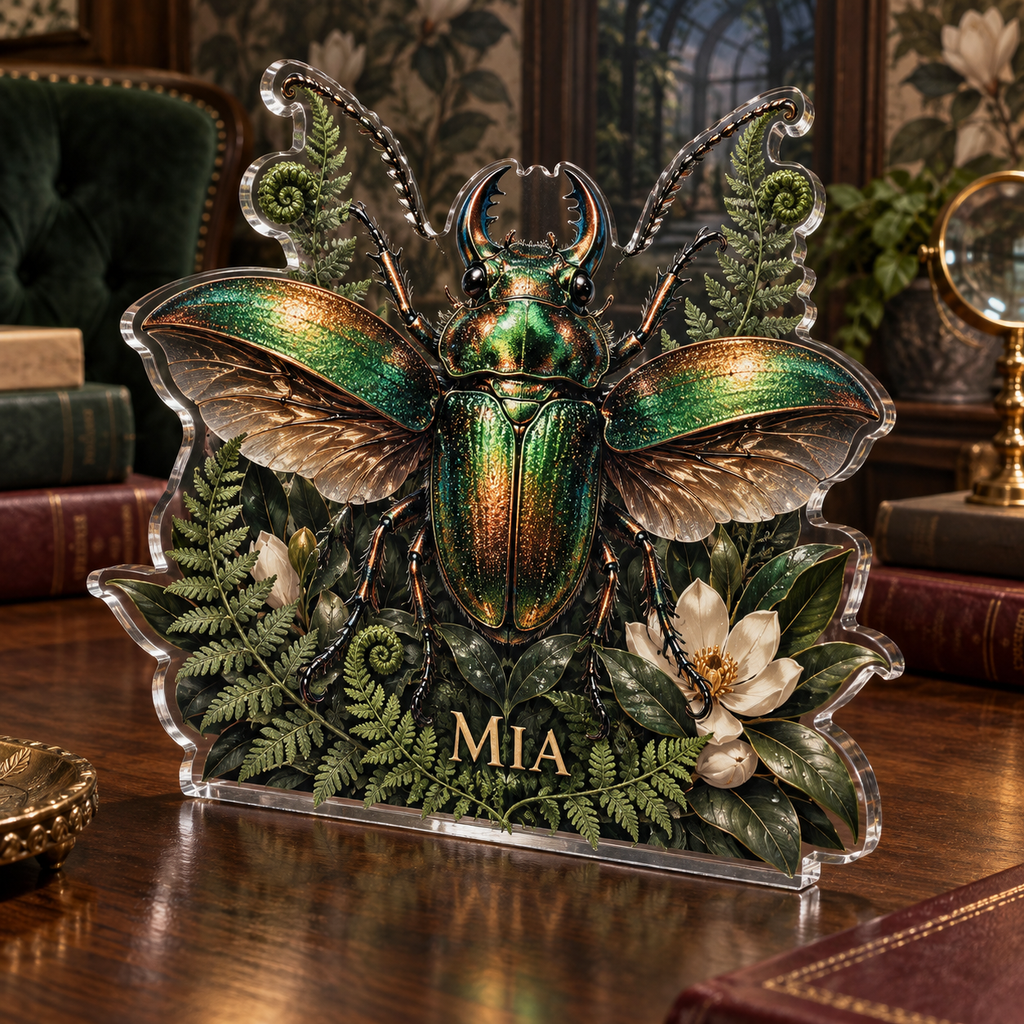 Artwork visualization: Botanical beetle study — reading nook decor, personalized MIA, subject-shaped acrylic with printed optical 3D depth; not carved relief.