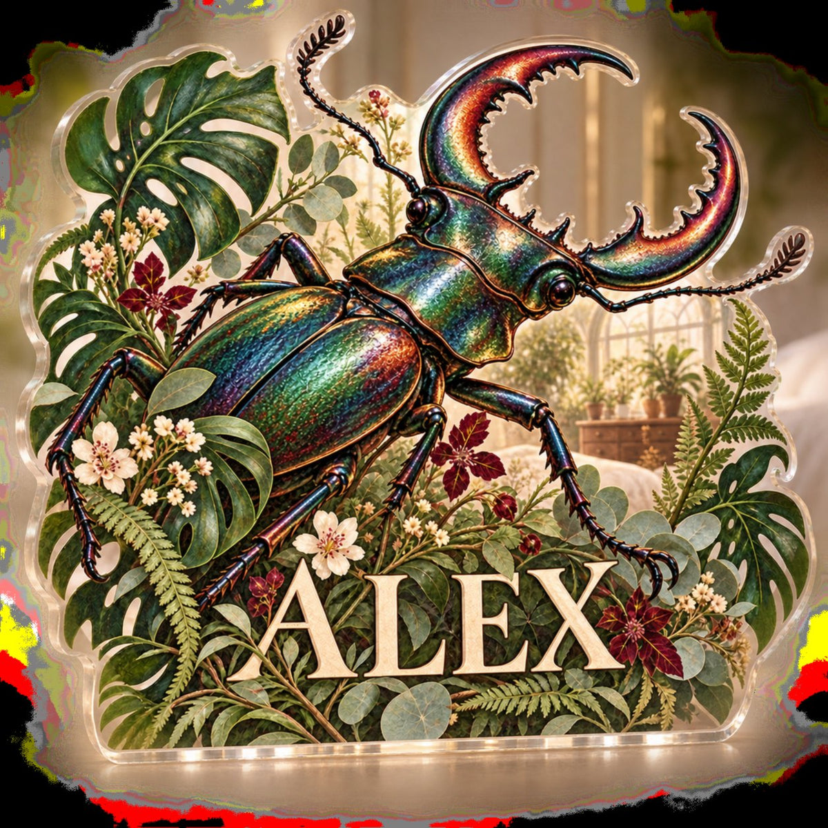 Personalized Botanical Beetle Study Bedroom Statement Decor custom shape acrylic plaque with an example name set into the artwork, digital preview