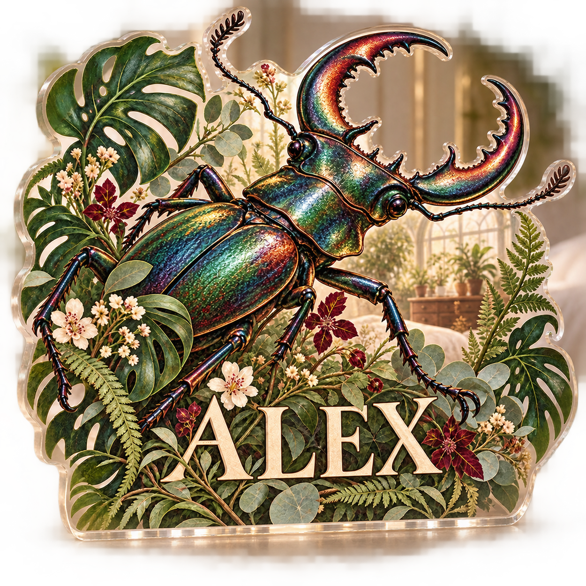 Artwork visualization: Botanical beetle study — bedroom statement decor, personalized ALEX, subject-shaped acrylic with printed optical 3D depth; not carved relief.