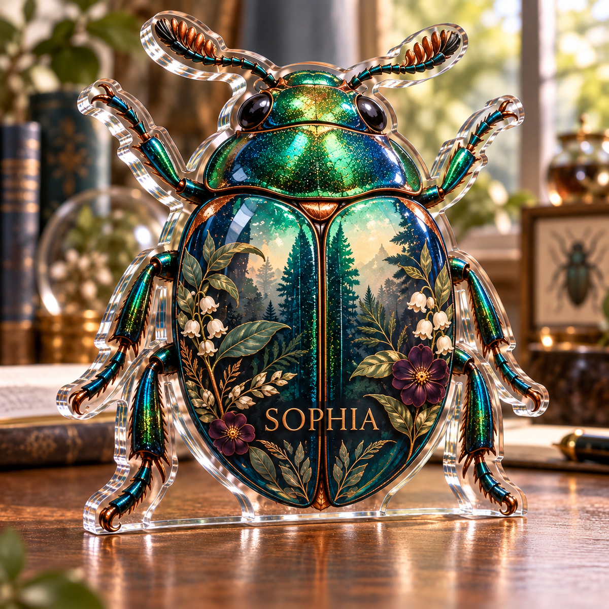 Artwork visualization: Botanical beetle study — living room focal point, personalized SOPHIA, subject-shaped acrylic with printed optical 3D depth; not carved relief.