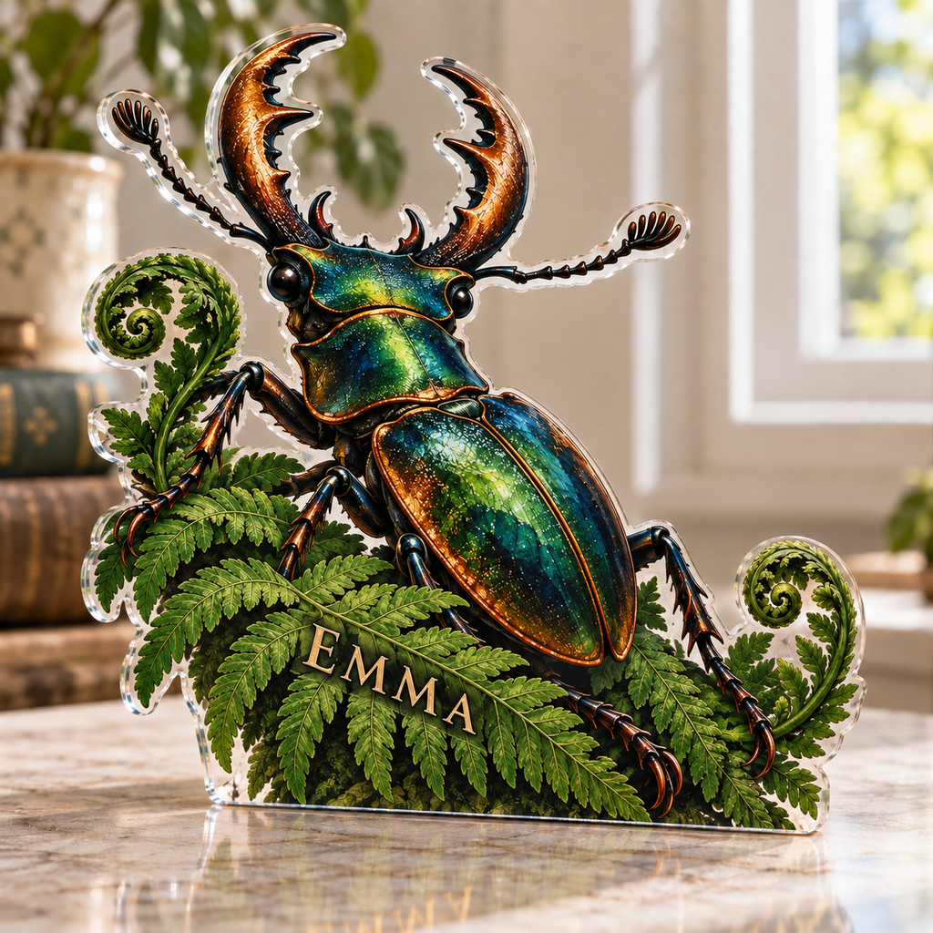 Artwork visualization: Botanical beetle study — personalized housewarming, personalized EMMA, subject-shaped acrylic with printed optical 3D depth; not carved relief.