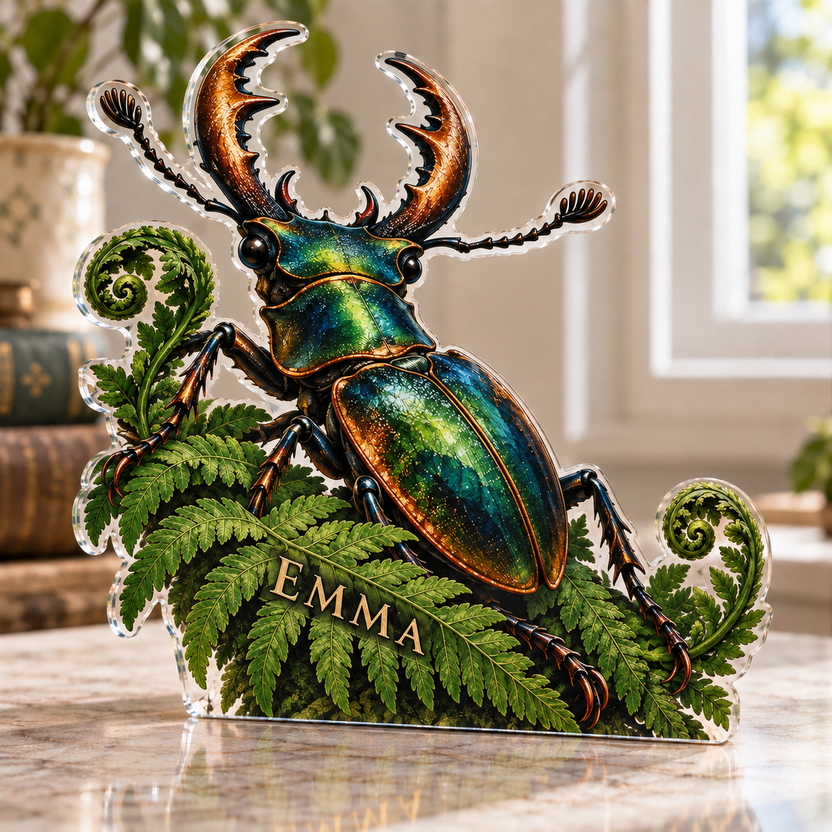 Artwork visualization: Botanical beetle study — personalized housewarming, personalized EMMA, subject-shaped acrylic with printed optical 3D depth; not carved relief.