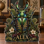Artwork visualization: Botanical beetle study — collector birthday keepsake, personalized ALEX, subject-shaped acrylic with printed optical 3D depth; not carved relief.